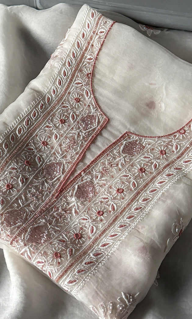 Women's Lakhnavi Handcrafted Pure Organza Chikankari Unstitched Kurta And Dupatta Set- HONC0307959