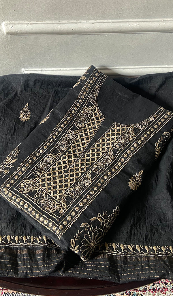 Women's Lakhnavi Handcrafted Mul Chanderi Unstitched Chikankari Full Suit - HONC0351095