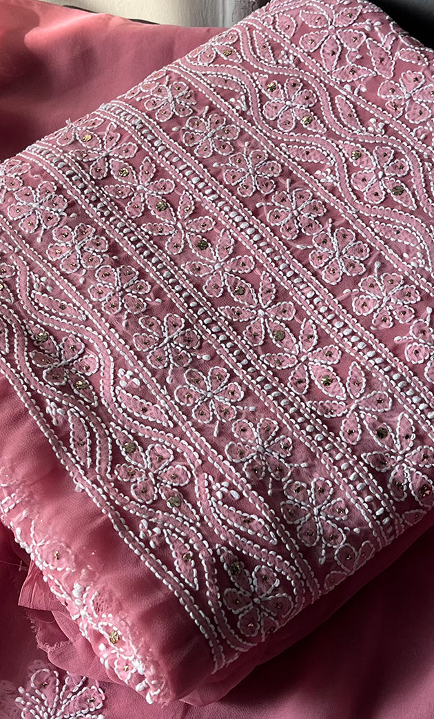 Women's Lakhnavi Handcrafted Unstitched Faux-Georgette Chikankari Suit Material - HONC0263369