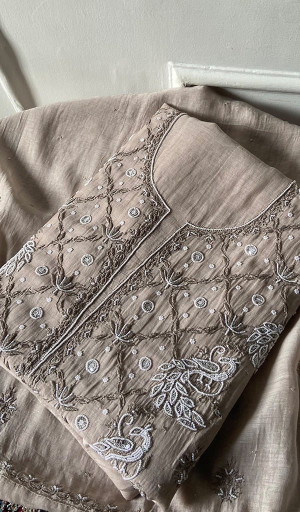 Shirin Women's Lakhnavi Handcrafted Mul Chanderi  Unstitched Chikankari Full Suit Material - HONC0339568