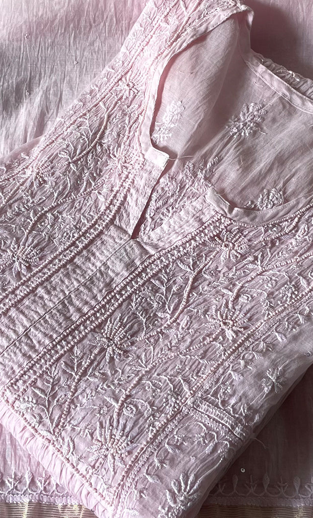 Women's Lakhnavi Handcrafted Mul Chanderi Semi - stitched Chikankari Full Suit Material - HONC0319559