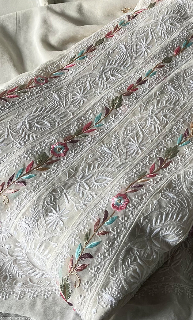 Women's Lakhnavi Handcrafted Pure Silk Georgette Unstitched Chikankari Anarkali And Dupatta Set- HONC0313288