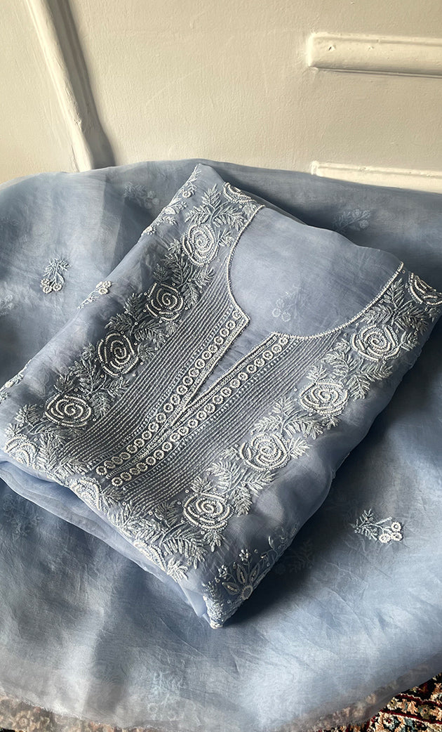 Women's Lakhnavi Handcrafted Pure Organza Chikankari Unstitched Kurta And Dupatta Set- HONC0314165