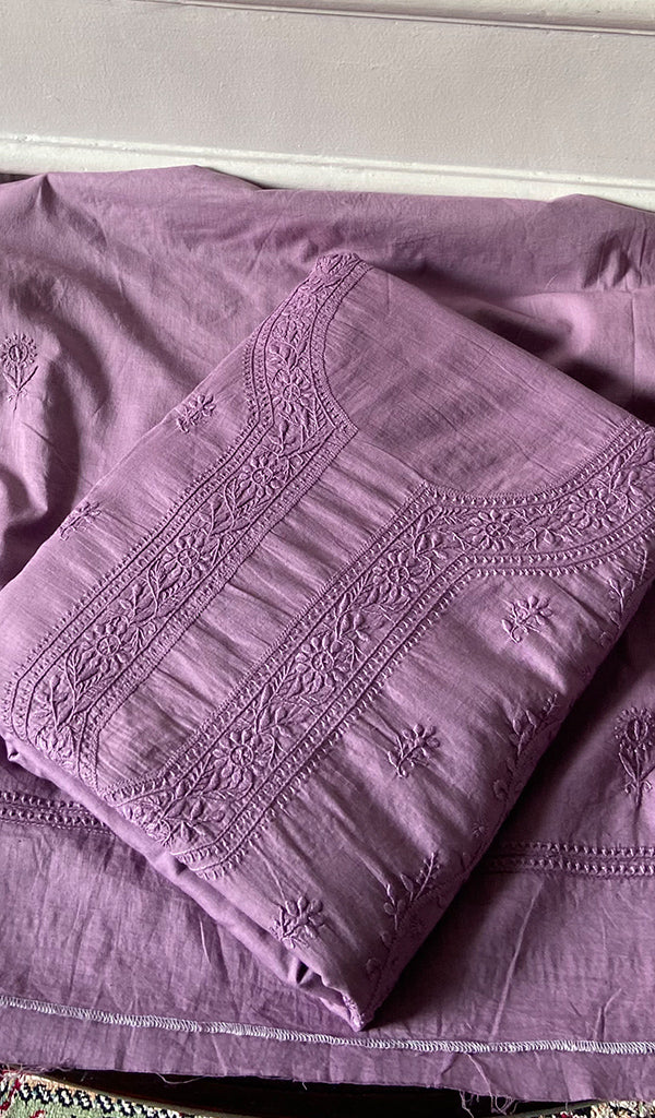 Women's Lakhnavi Handcrafted Unstitched Cotton Chikankari Kurta Dupatta Set - HONC0362880