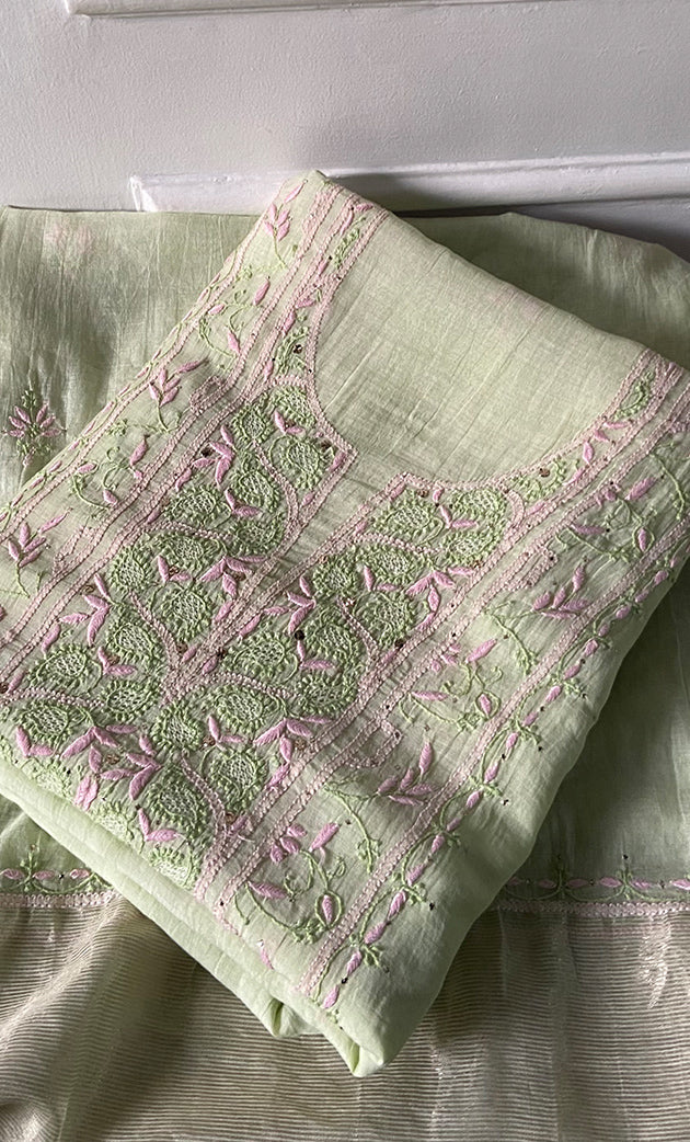 Women's Lakhnavi Handcrafted Mul Chanderi Unstitched Chikankari Full Suit Material - HONC0324497