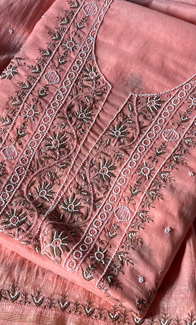Women's Lakhnavi Handcrafted Mul Chanderi Unstitched Kurta And Dupatta Set- HONC0238882