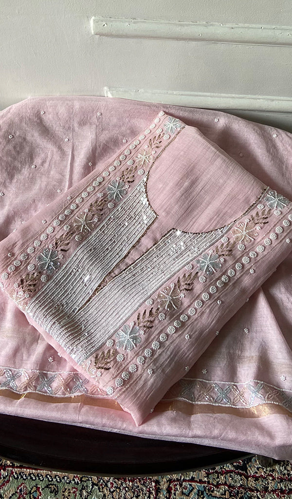 Nitara Women's Lakhnavi Handcrafted Mul Chanderi Unstitched Chikankari Full Suit Material - HONC0344644
