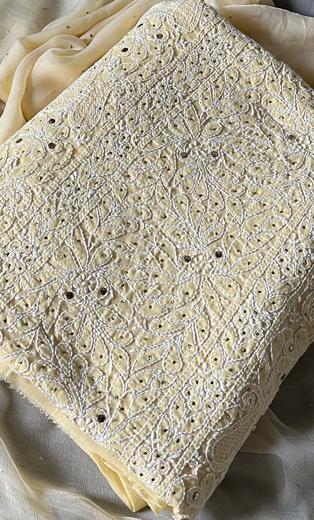 Women's Lakhnavi Handcrafted Unstitched Cotton Chikankari Suit Material - HONC0264459