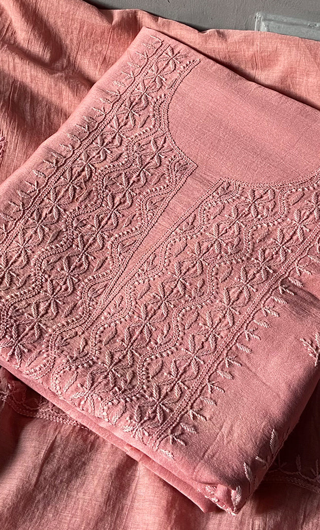Women's Lucknowi Handcrafted Chanderi Silk Chikankari Full Suit Material - HONC0264097