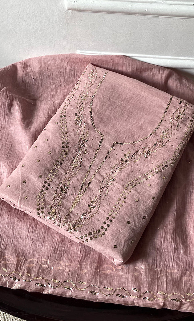 Women's Lakhnavi Handcrafted Mul Chanderi Unstitched Kurta And Dupatta Set - HONC0289416