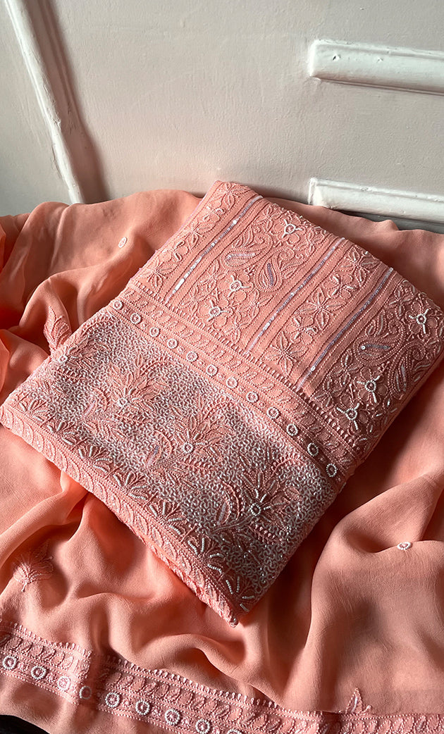 Women's Lakhnavi Handcrafted Viscose Georgette Chikankari Full Suit Material - HONC0299909