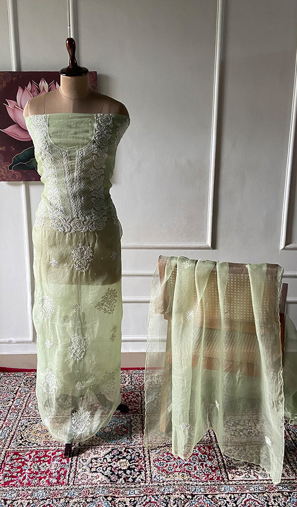 Women's Lakhnavi Handcrafted Pure Organza Chikankari Unstitched Kurta And Dupatta Set- HONC0352106