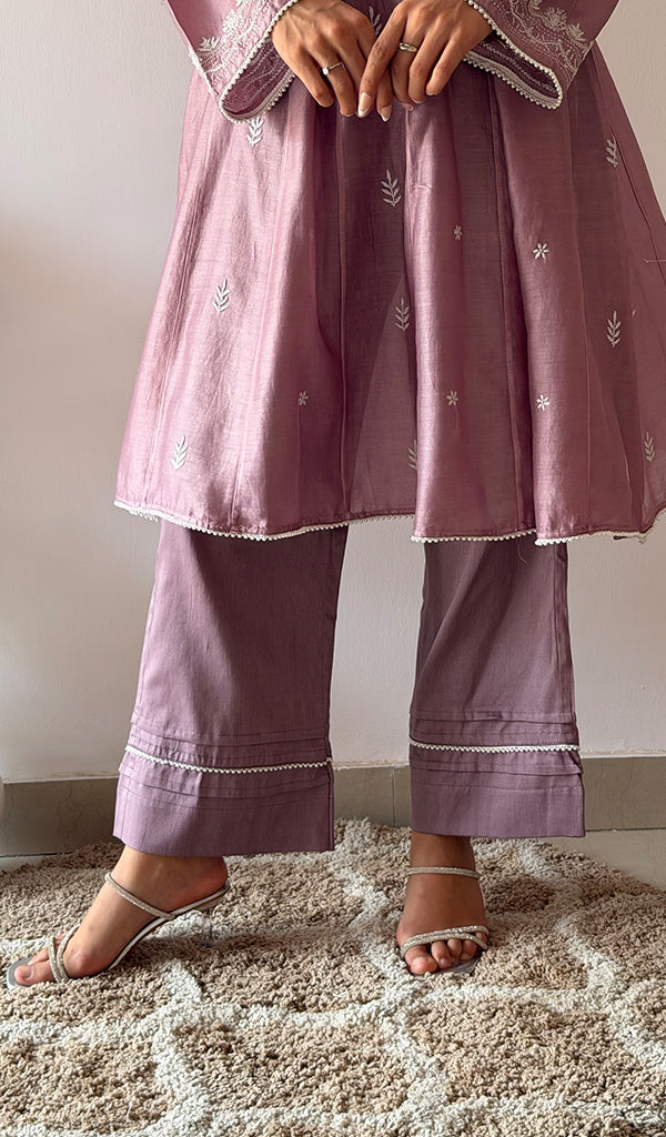 Women's Lucknowi Handcrafted Mul Chanderi Stitched Chikankari Kurta And Plazzo Set- HONC0379066