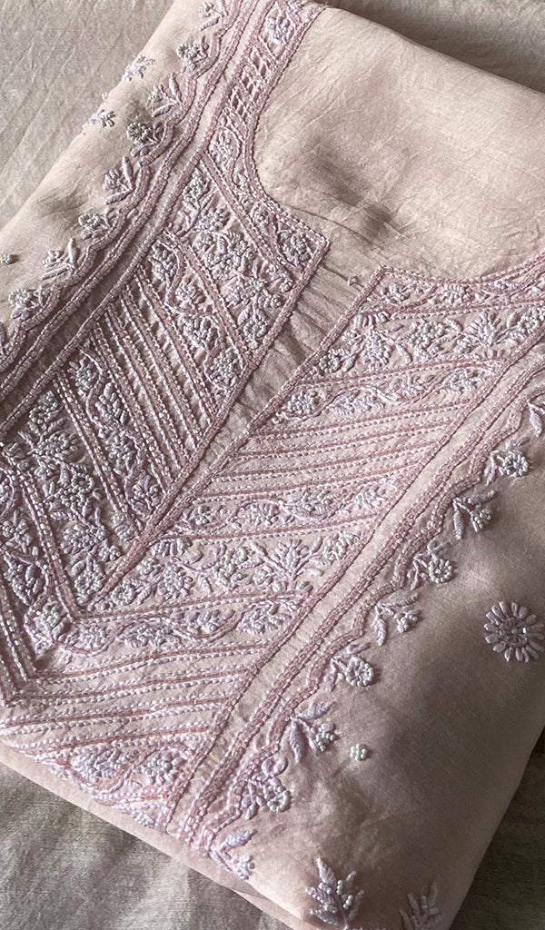 Women's Lakhnavi Handcrafted Mul Chanderi Unstitched Chikankari Full Suit Material - HONC0298566