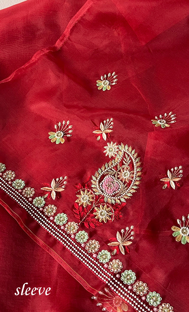 Women's Lakhnavi Handcrafted Pure Organza Chikankari Unstitched Kurta And Dupatta Set- HONC0335374