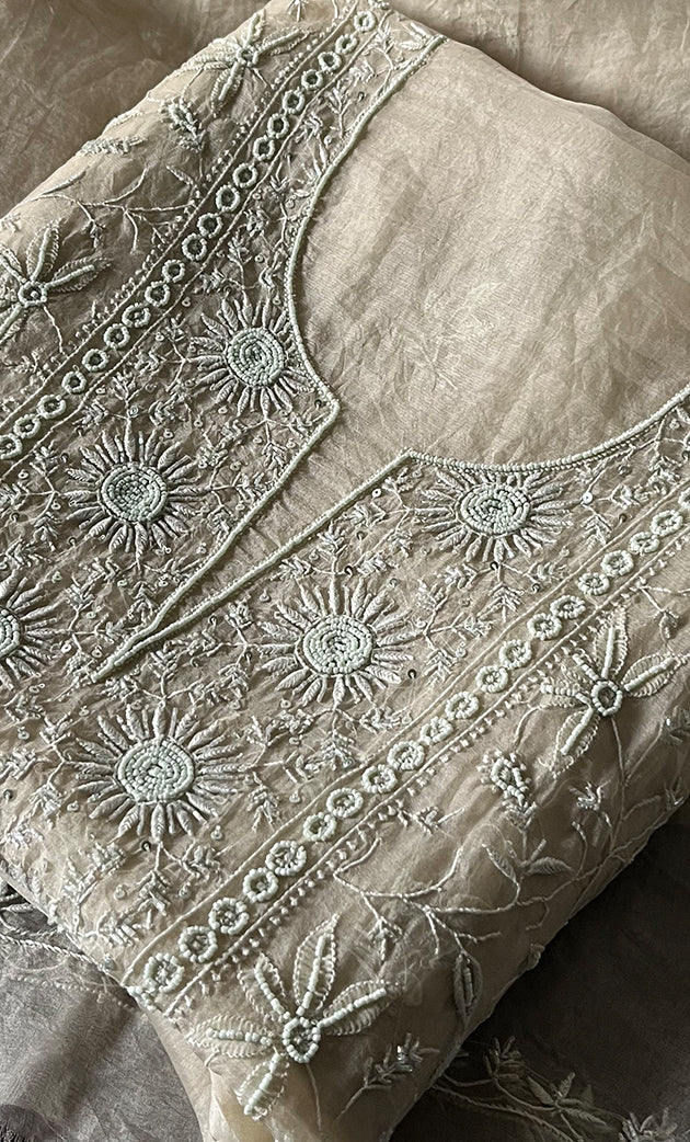 Women's Lakhnavi Handcrafted Pure Organza Chikankari Unstitched Kurta And Dupatta Set- HONC0319969