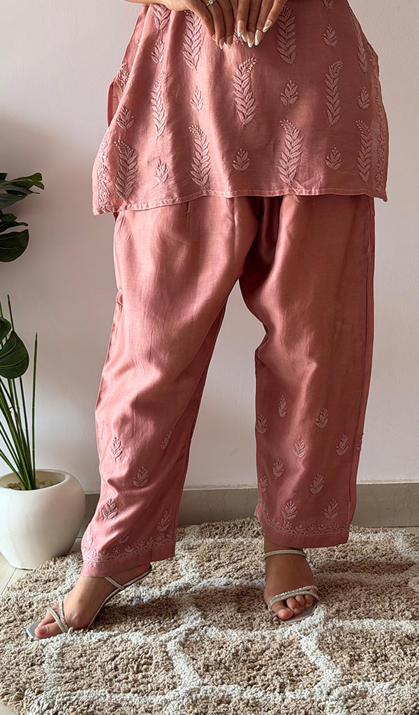 Amreena Women's Lakhnavi Handcrafted Chanderi Silk Chikankari Top And Pant Set - HONC0373449