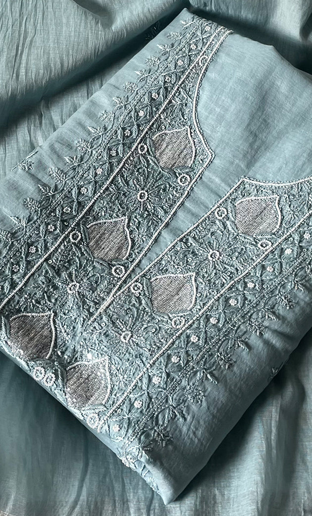 Women's Lakhnavi Handcrafted Mul Chanderi Unstitched Chikankari Full Suit Material - HONC0314656