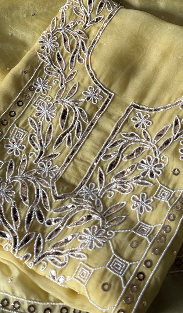 Women's Lakhnavi Handcrafted Pure Organza Chikankari Unstitched Kurta And Dupatta Set- HONC0314317