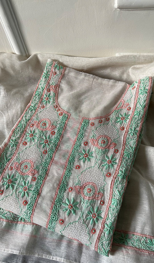Women's Lakhnavi Handcrafted Linen Cotton Semi -Stitched Kurta And Dupatta Set - HONC0269956
