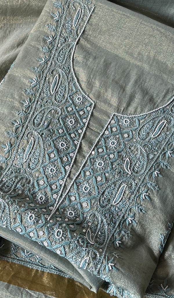 Women's Lakhnavi Handcrafted Tissue Chanderi Chikankari Suit Material - HONC0275992