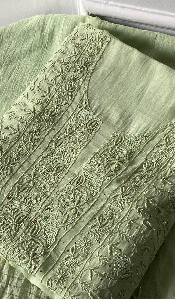 Women's Lakhnavi Handcrafted Mul Chanderi Unstitched Kurta And Dupatta Set - HONC0278948