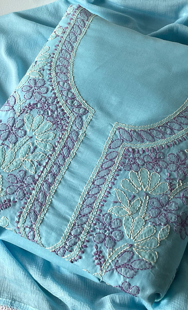 Women's Lakhnavi Handcrafted Unstitched Cotton Chikankari Suit Material - HONC0321793