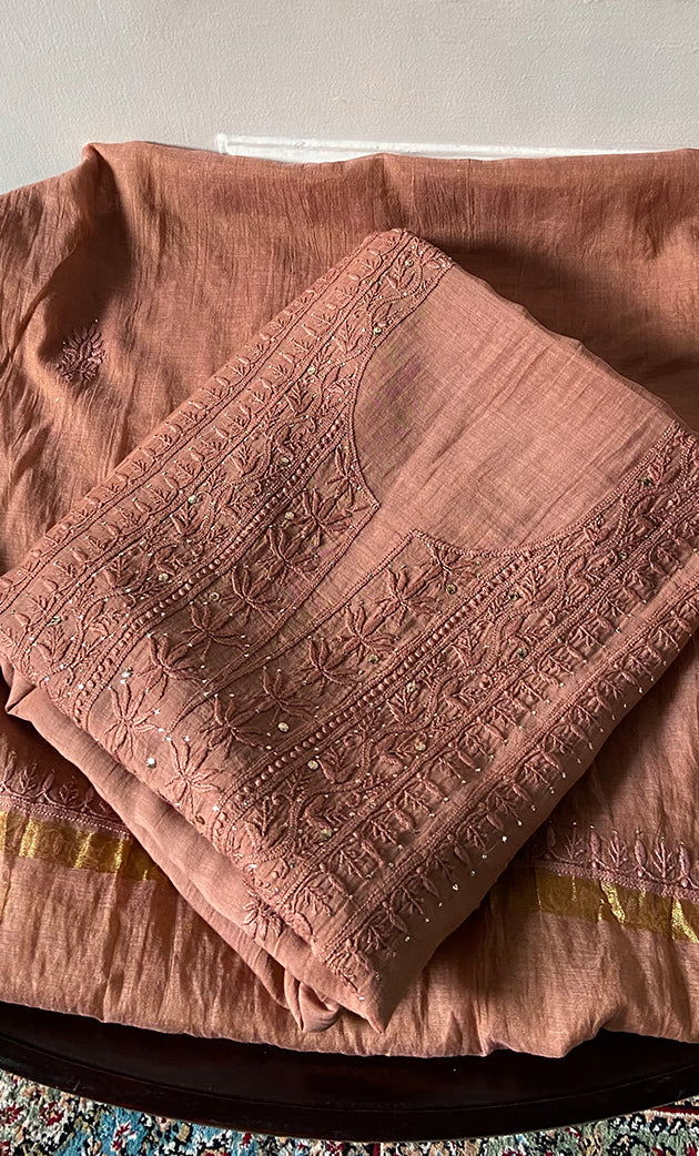 Women's Lakhnavi Handcrafted Mul Chanderi Unstitched Chikankari Full Suit Material - HONC0324502