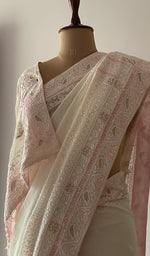 Women's Lakhnavi Handcrafted Pure Silk Georgette Chikankari Saree