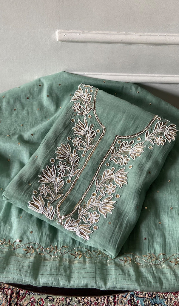 Nyla Women's Lakhnavi Handcrafted Mul Chanderi Unstitched Chikankari Full Suit Material - HONC0324547