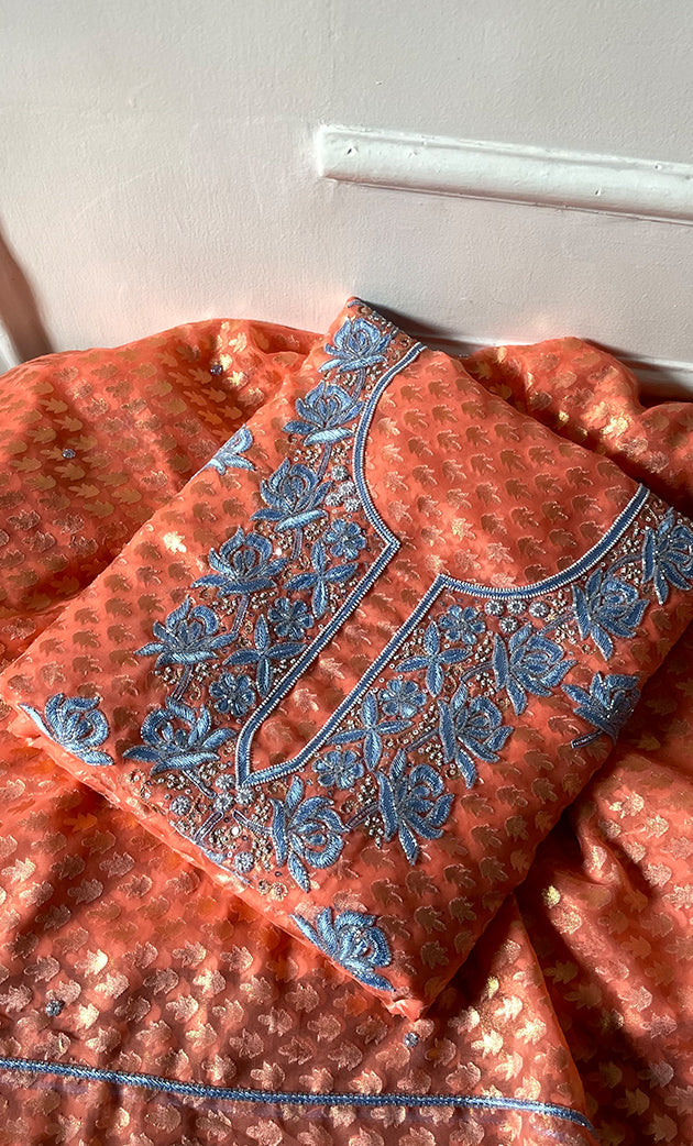 Women's Lakhnavi Handcrafted Chanderi Silk Unstitched Kurta And Dupatta Set - HONC0324542