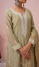 Load image into Gallery viewer, Women's Lakhnavi Handcrafted Mul Chanderi Chikankari Stitched Kurta, Dupatta And Pant Set - HONC0555586