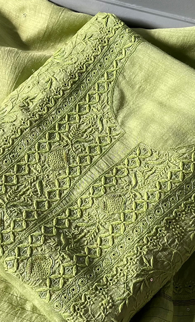 Women's Lakhnavi Handcrafted Munga Silk Chikankari Kurta And Dupatta Set- HONC0278846