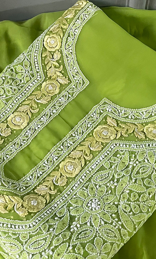 Women's Lakhnavi Handcrafted Unstitched Faux-Georgette Chikankari Suit Material - HONC0263407
