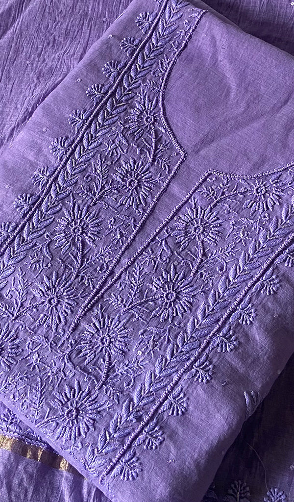 Women's Lakhnavi Handcrafted Mul Chanderi Unstitched Chikankari Full Suit Material - HONC0328105