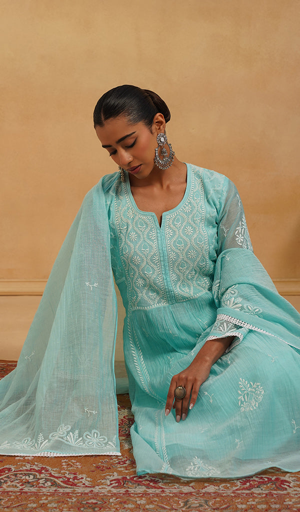 Women's Lakhnavi Handcrafted Mul Chanderi Chikankari Stitched Kurta, Dupatta And Pant Set - HONC0824547
