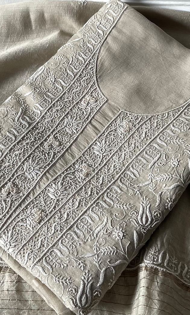 Women's Lakhnavi Handcrafted Munga Silk Chikankari Kurta And Dupatta Set- HONC0256730