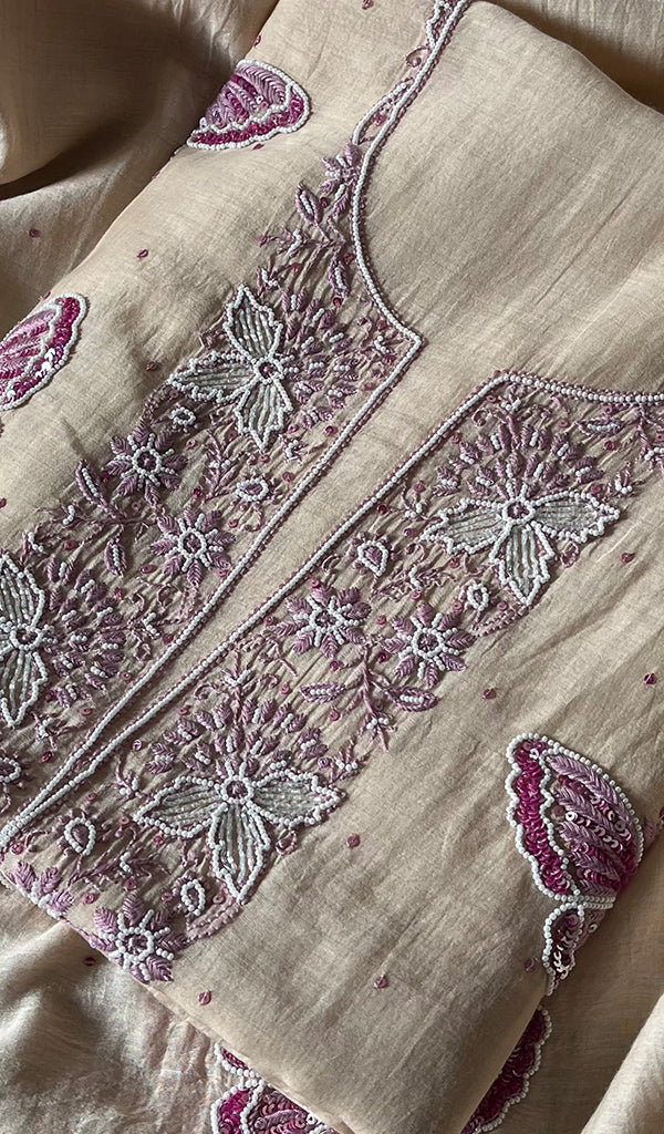 Women's Lakhnavi Handcrafted Mul Chanderi Unstitched Kurta And Dupatta Set - HONC0295615