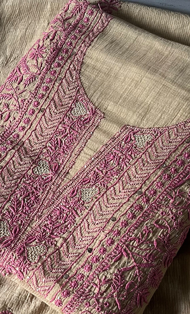 Women's Lakhnavi Handcrafted Maheshwari Mul Chanderi Unstitched Kurta And Dupatta Set - HONC0296946
