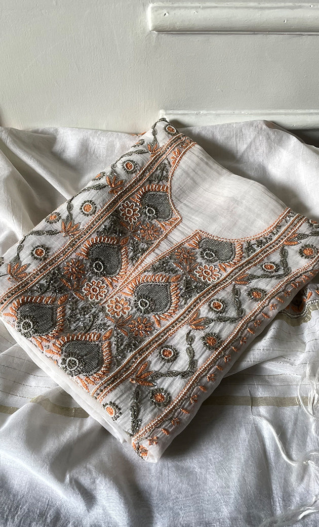 Women's Lakhnavi Handcrafted Unstitched Mul Chanderi Kurta And Dupatta Set - HONC0323577