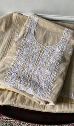 Load image into Gallery viewer, Women's Lakhnavi Handcrafted Tissue Chanderi Unstitched Chikankari Kurta And Dupatta Set - HONC0366822