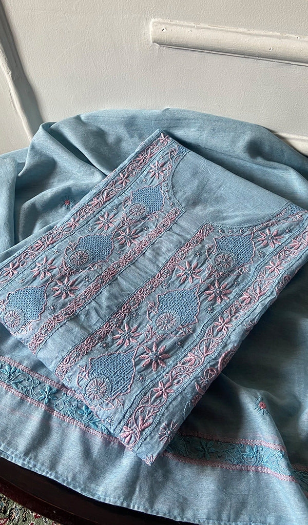 Women's Lucknowi Handcrafted Semi -Stitched Chanderi Silk Chikankari Full Suit Material - HONC0269962