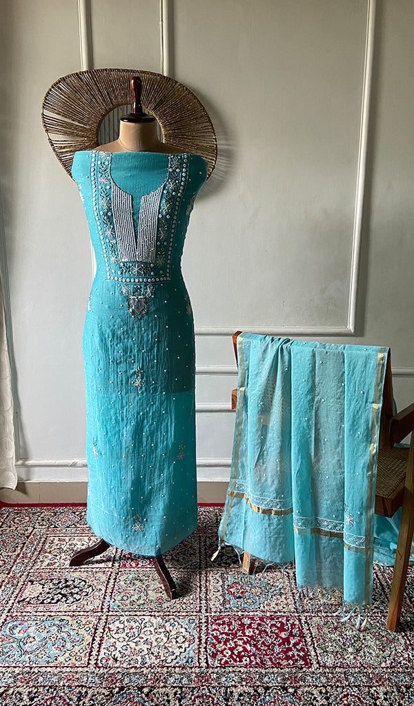 Women's Lakhnavi Handcrafted Mul Chanderi Unstitched Chikankari Full Suit - HONC0362592