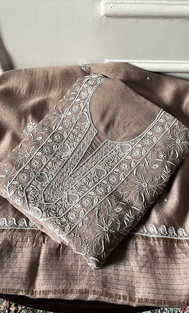 Women's Lakhnavi Handcrafted Unstitched Munga Silk Chikankari Kurta And Dupatta Set- HONC0280937