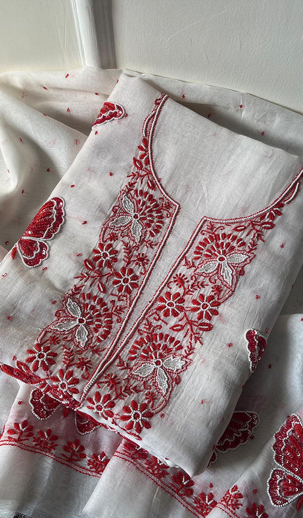 Women's Lakhnavi Handcrafted Mul Chanderi Unstitched Kurta And Dupatta Set - HONC0288844