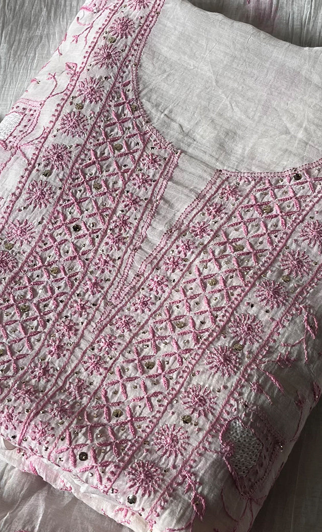 Women's Lakhnavi Handcrafted Mul Chanderi Unstitched Kurta And Dupatta Set - HONC0278937