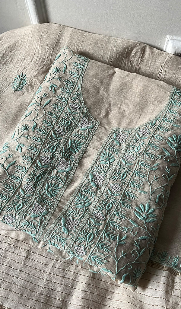 Women's Lakhnavi Handcrafted Munga Silk Chikankari Kurta And Dupatta Set - HONC0251544
