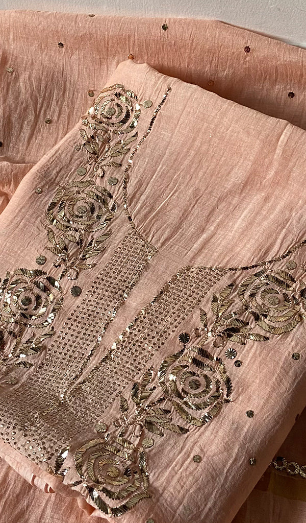 Women's Lakhnavi Handcrafted Mul Chanderi Unstitched Kurta And Dupatta Set - HONC0322420