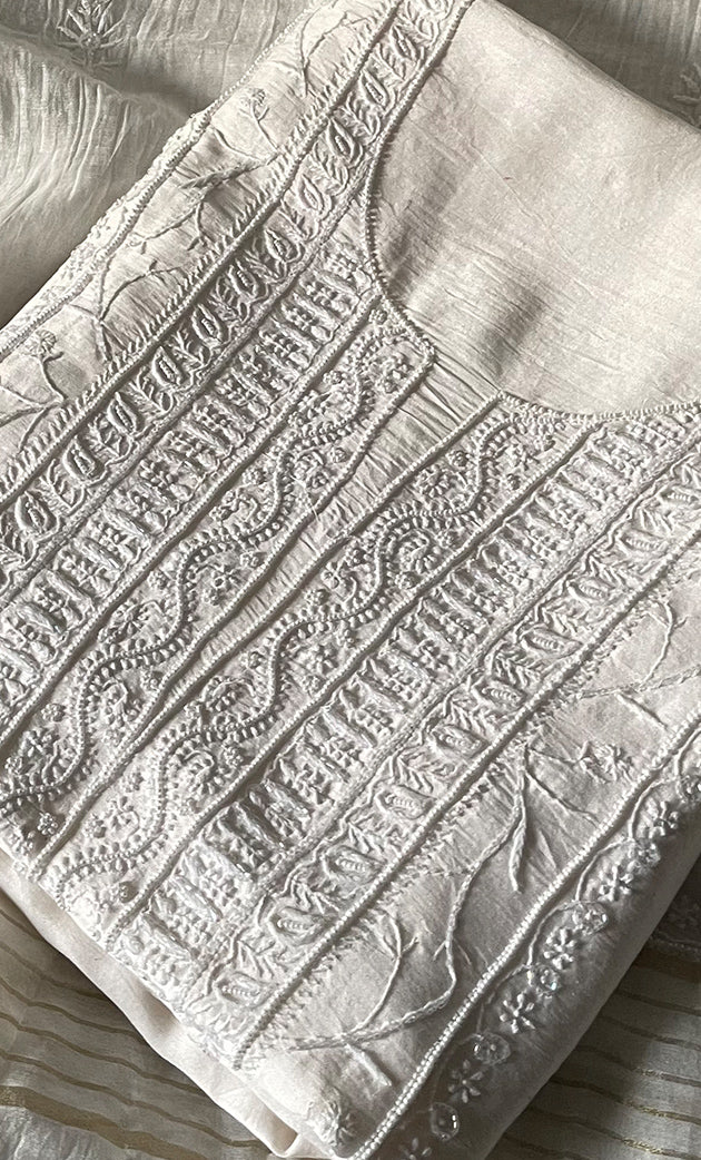 Women's Lakhnavi Handcrafted Chanderi Silk Unstitched Kurta And Dupatta Set - HONC0327486