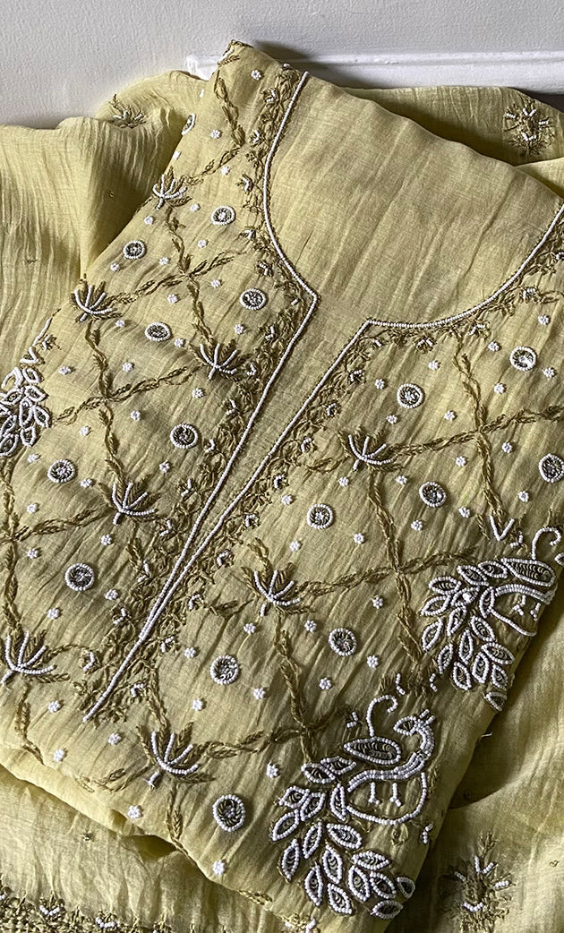Women's Lakhnavi Handcrafted Mul Chanderi Unstitched Chikankari Full Suit Material - HONC0339571